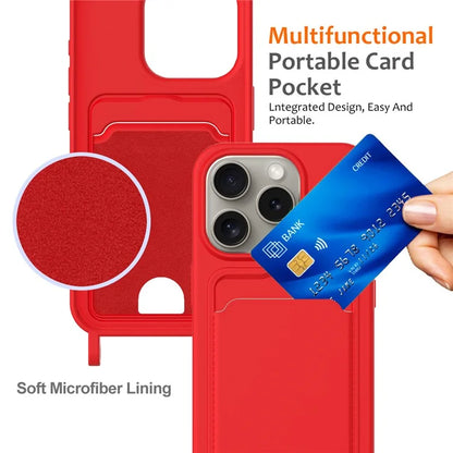 For iPhone 16 Pro Max Case Liquid Silicone Card Holder Phone Back Cover with Lanyard