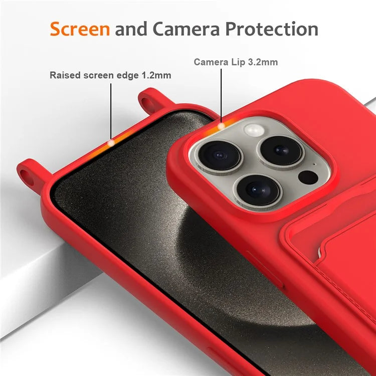 For iPhone 16 Pro Max Case Liquid Silicone Card Holder Phone Back Cover with Lanyard