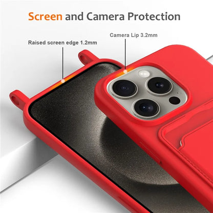 For iPhone 16 Pro Max Case Liquid Silicone Card Holder Phone Back Cover with Lanyard
