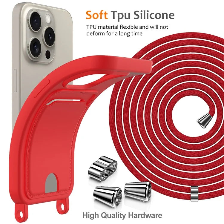 For iPhone 16 Pro Max Case Liquid Silicone Card Holder Phone Back Cover with Lanyard