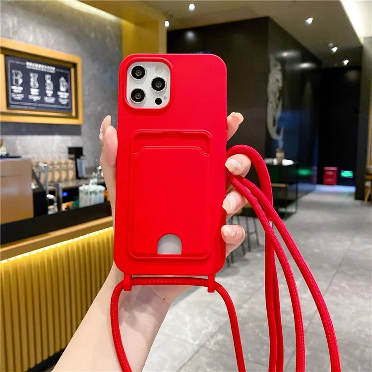 For iPhone 16 Pro Max Case Liquid Silicone Card Holder Phone Back Cover with Lanyard