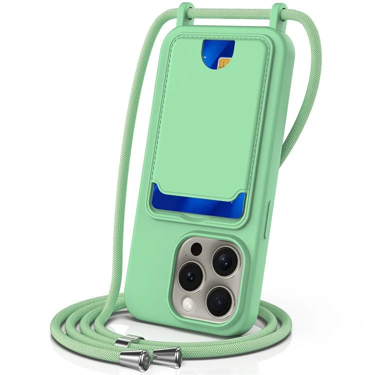For iPhone 16 Pro Max Case Liquid Silicone Card Holder Phone Back Cover with Lanyard