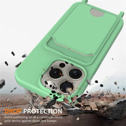 For iPhone 16 Pro Max Case Liquid Silicone Card Holder Phone Back Cover with Lanyard
