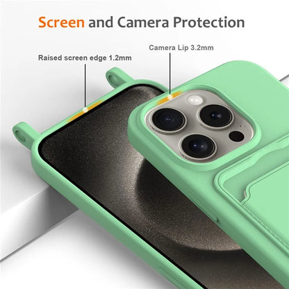 For iPhone 16 Pro Max Case Liquid Silicone Card Holder Phone Back Cover with Lanyard