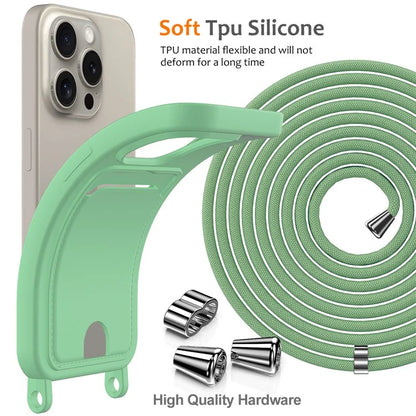 For iPhone 16 Pro Max Case Liquid Silicone Card Holder Phone Back Cover with Lanyard