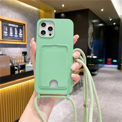 For iPhone 16 Pro Max Case Liquid Silicone Card Holder Phone Back Cover with Lanyard