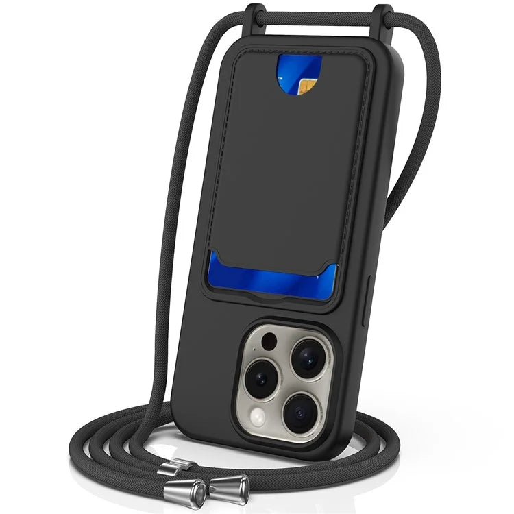 For iPhone 16 Pro Max Case Liquid Silicone Card Holder Phone Back Cover with Lanyard
