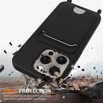 For iPhone 16 Pro Max Case Liquid Silicone Card Holder Phone Back Cover with Lanyard