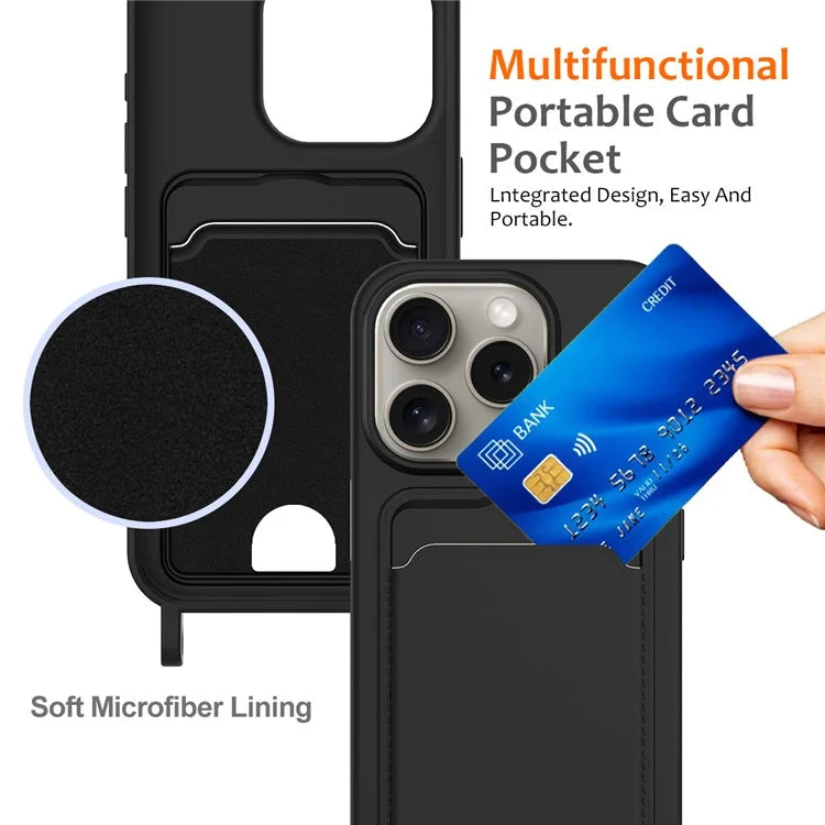 For iPhone 16 Pro Max Case Liquid Silicone Card Holder Phone Back Cover with Lanyard