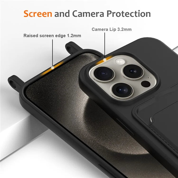 For iPhone 16 Pro Max Case Liquid Silicone Card Holder Phone Back Cover with Lanyard