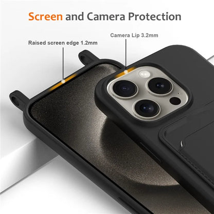 For iPhone 16 Pro Max Case Liquid Silicone Card Holder Phone Back Cover with Lanyard
