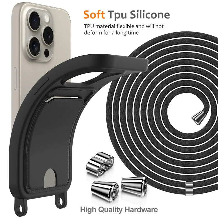 For iPhone 16 Pro Max Case Liquid Silicone Card Holder Phone Back Cover with Lanyard