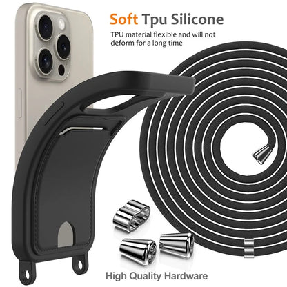 For iPhone 16 Pro Max Case Liquid Silicone Card Holder Phone Back Cover with Lanyard