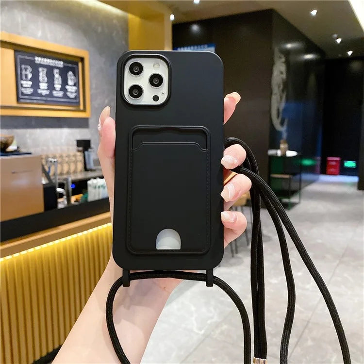 For iPhone 16 Pro Max Case Liquid Silicone Card Holder Phone Back Cover with Lanyard