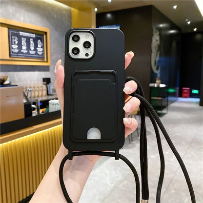 For iPhone 16 Pro Max Case Liquid Silicone Card Holder Phone Back Cover with Lanyard