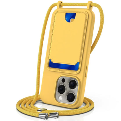 For iPhone 16 Pro Max Case Liquid Silicone Card Holder Phone Back Cover with Lanyard