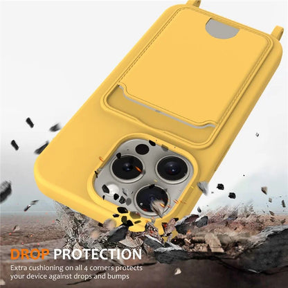 For iPhone 16 Pro Max Case Liquid Silicone Card Holder Phone Back Cover with Lanyard