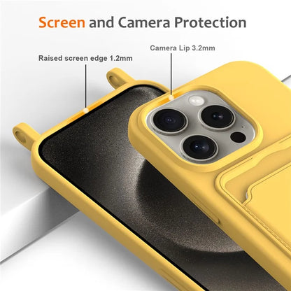 For iPhone 16 Pro Max Case Liquid Silicone Card Holder Phone Back Cover with Lanyard