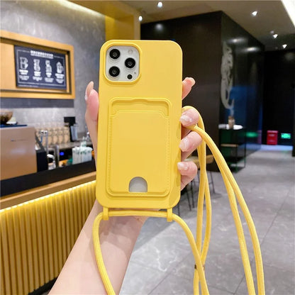 For iPhone 16 Pro Max Case Liquid Silicone Card Holder Phone Back Cover with Lanyard