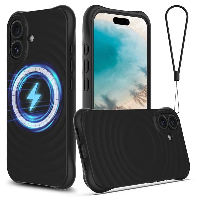 For iPhone 16 Case Compatible with MagSafe Ripple Texture Liquid Silicone Protective Cover with Strap