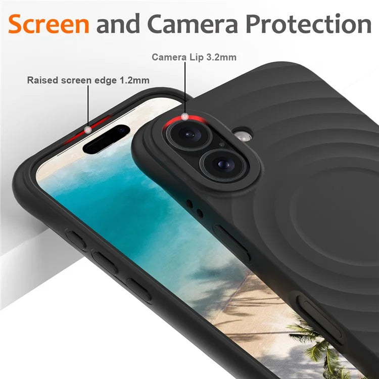 For iPhone 16 Case Compatible with MagSafe Ripple Texture Liquid Silicone Protective Cover with Strap