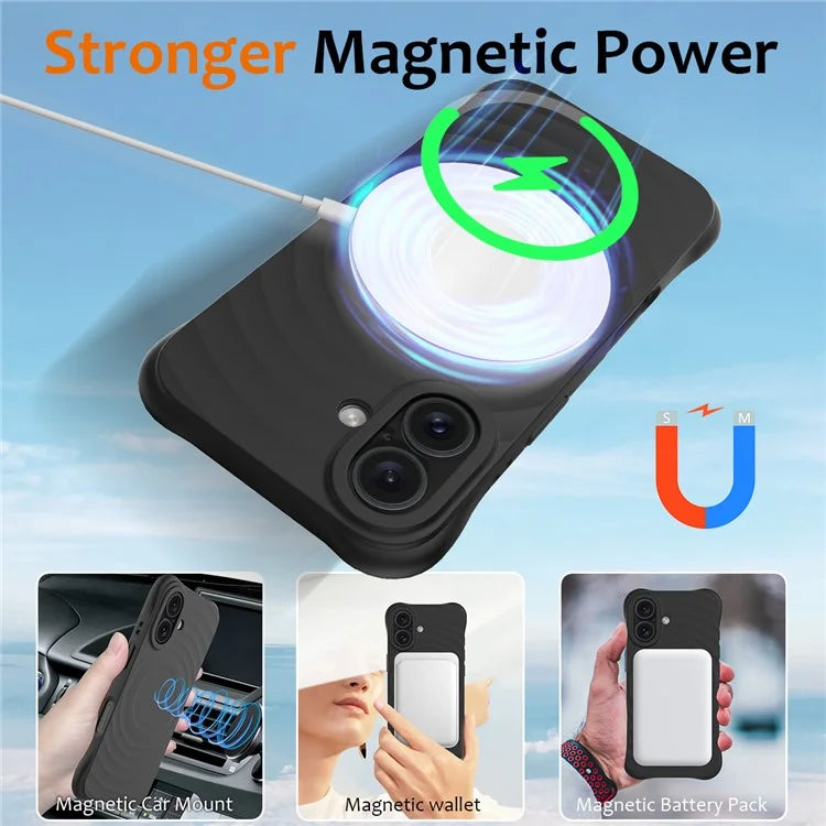 For iPhone 16 Case Compatible with MagSafe Ripple Texture Liquid Silicone Protective Cover with Strap