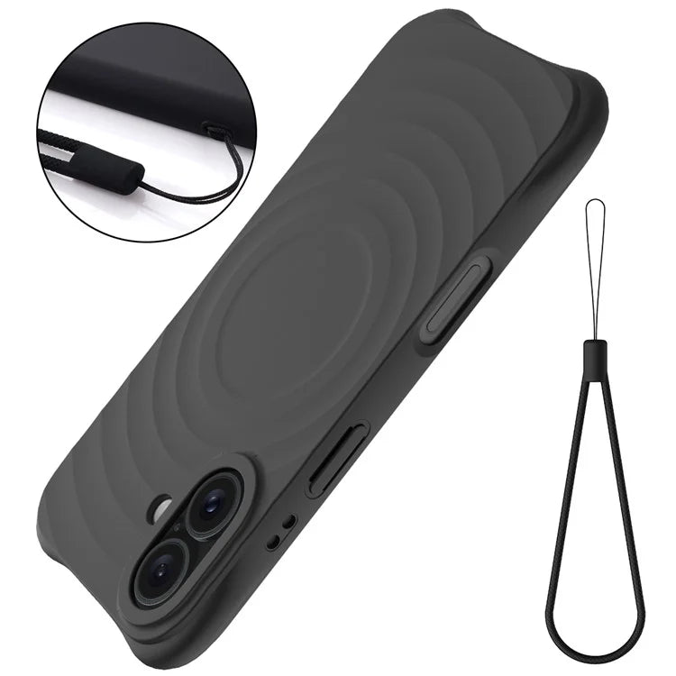 For iPhone 16 Case Compatible with MagSafe Ripple Texture Liquid Silicone Protective Cover with Strap