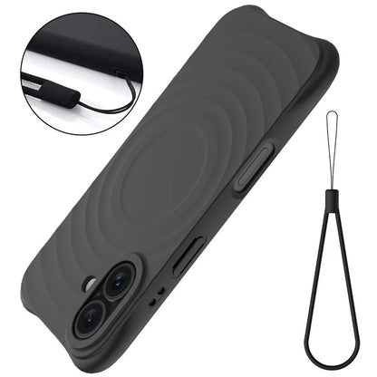 For iPhone 16 Case Compatible with MagSafe Ripple Texture Liquid Silicone Protective Cover with Strap