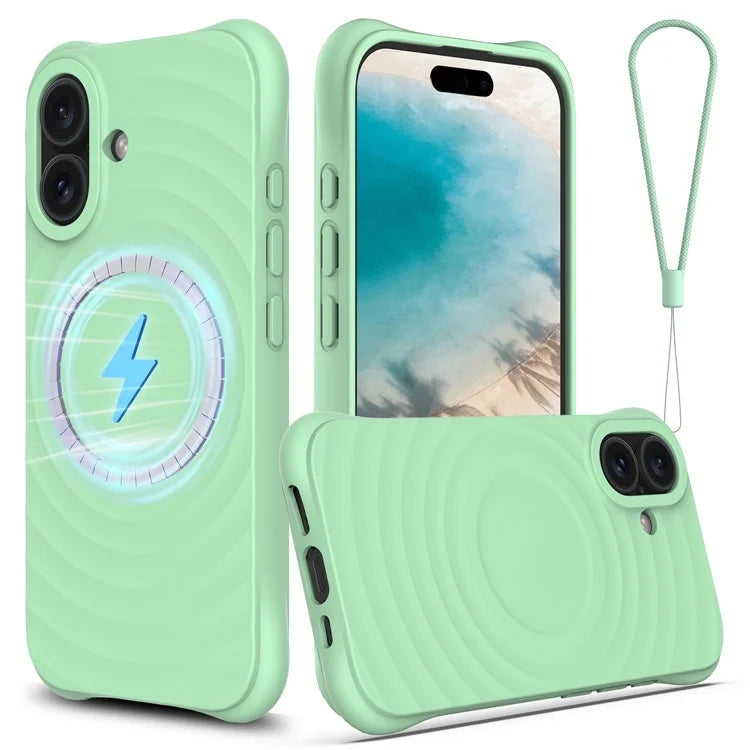 For iPhone 16 Case Compatible with MagSafe Ripple Texture Liquid Silicone Protective Cover with Strap