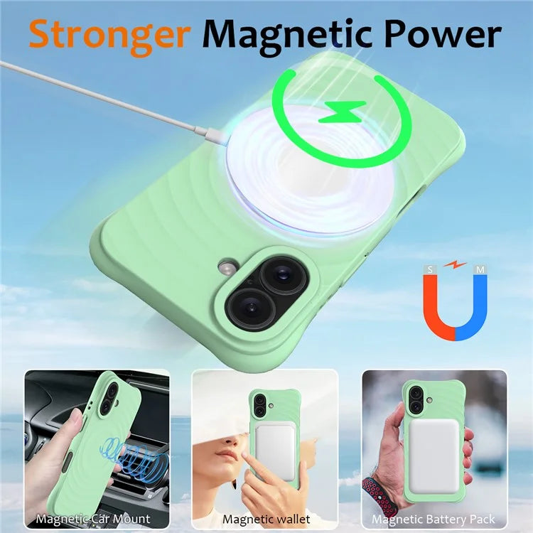 For iPhone 16 Case Compatible with MagSafe Ripple Texture Liquid Silicone Protective Cover with Strap