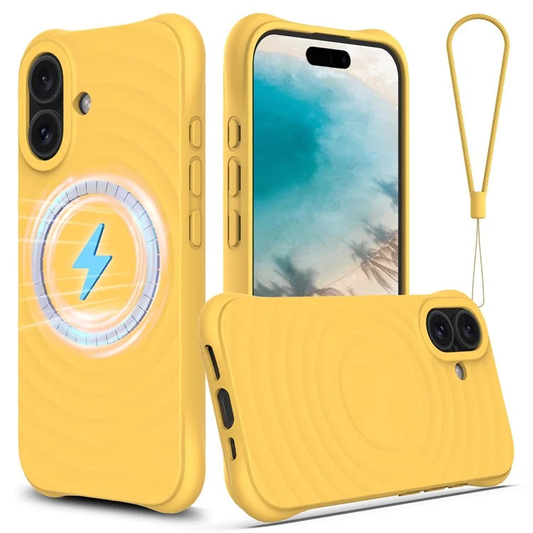 For iPhone 16 Case Compatible with MagSafe Ripple Texture Liquid Silicone Protective Cover with Strap