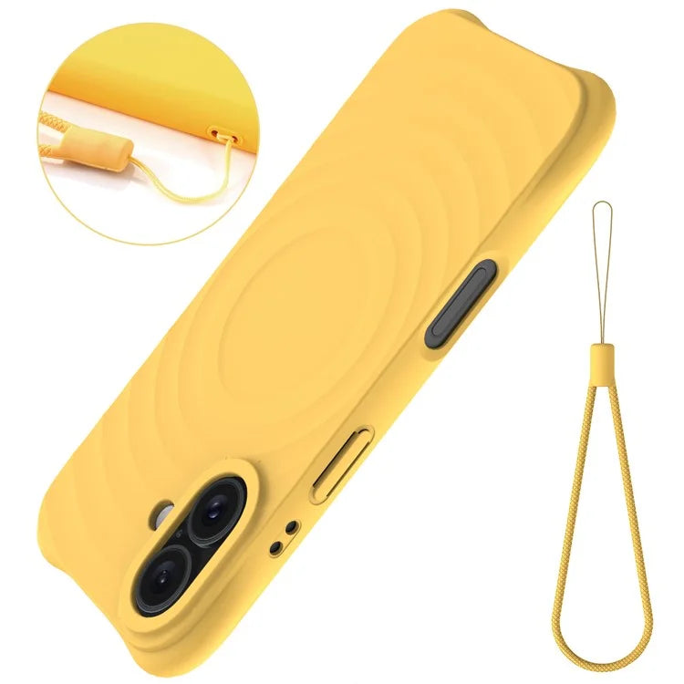 For iPhone 16 Case Compatible with MagSafe Ripple Texture Liquid Silicone Protective Cover with Strap