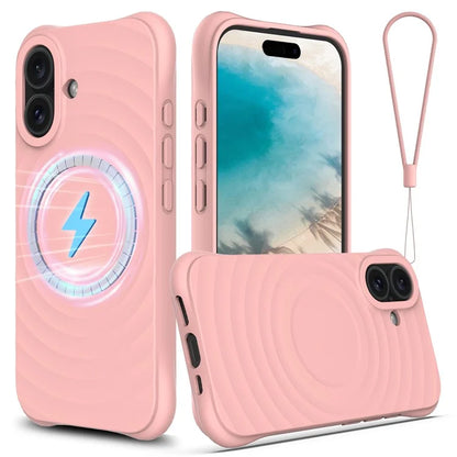 For iPhone 16 Case Compatible with MagSafe Ripple Texture Liquid Silicone Protective Cover with Strap