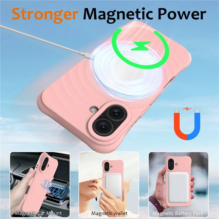 For iPhone 16 Case Compatible with MagSafe Ripple Texture Liquid Silicone Protective Cover with Strap
