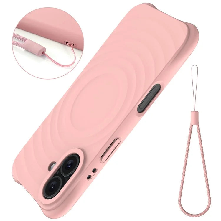 For iPhone 16 Case Compatible with MagSafe Ripple Texture Liquid Silicone Protective Cover with Strap