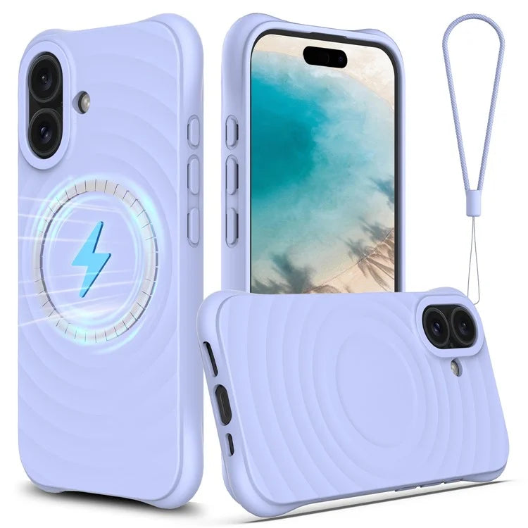 For iPhone 16 Case Compatible with MagSafe Ripple Texture Liquid Silicone Protective Cover with Strap