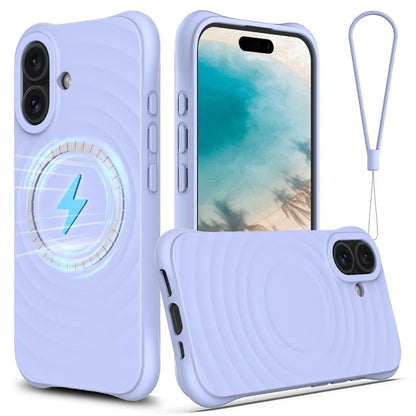 For iPhone 16 Case Compatible with MagSafe Ripple Texture Liquid Silicone Protective Cover with Strap
