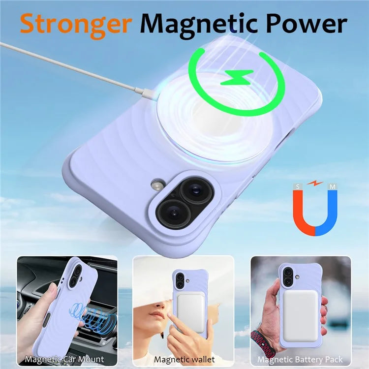 For iPhone 16 Case Compatible with MagSafe Ripple Texture Liquid Silicone Protective Cover with Strap