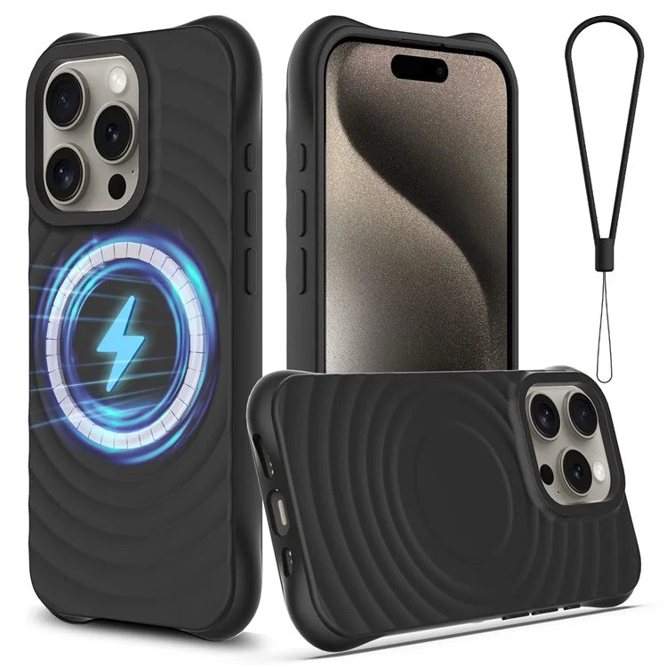 For iPhone 16 Pro Case Compatible with MagSafe Ripple Texture Liquid Silicone Protective Cover with Strap