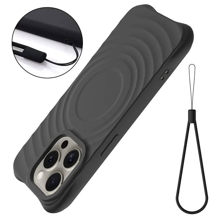 For iPhone 16 Pro Case Compatible with MagSafe Ripple Texture Liquid Silicone Protective Cover with Strap