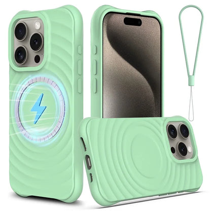 For iPhone 16 Pro Case Compatible with MagSafe Ripple Texture Liquid Silicone Protective Cover with Strap