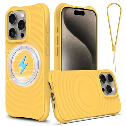 For iPhone 16 Pro Case Compatible with MagSafe Ripple Texture Liquid Silicone Protective Cover with Strap