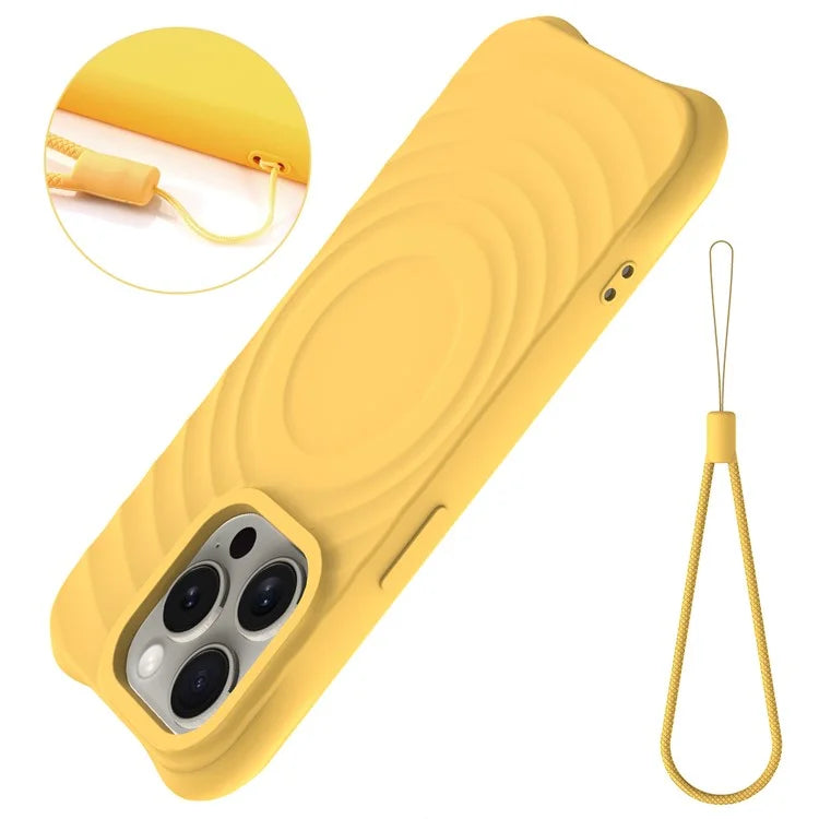 For iPhone 16 Pro Case Compatible with MagSafe Ripple Texture Liquid Silicone Protective Cover with Strap