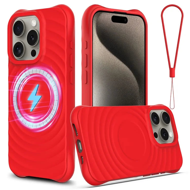 For iPhone 16 Pro Case Compatible with MagSafe Ripple Texture Liquid Silicone Protective Cover with Strap