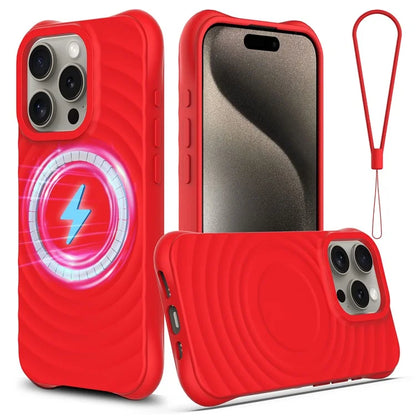 For iPhone 16 Pro Case Compatible with MagSafe Ripple Texture Liquid Silicone Protective Cover with Strap