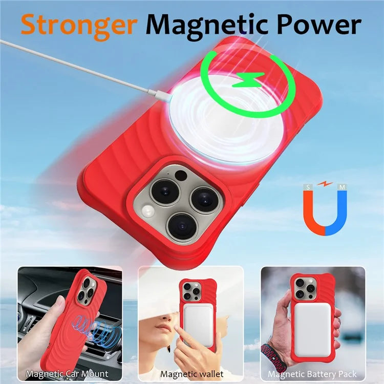 For iPhone 16 Pro Case Compatible with MagSafe Ripple Texture Liquid Silicone Protective Cover with Strap
