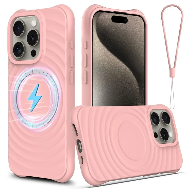 For iPhone 16 Pro Case Compatible with MagSafe Ripple Texture Liquid Silicone Protective Cover with Strap