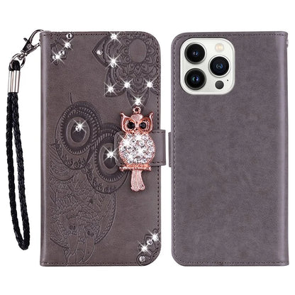 For iPhone 16 Pro Max Wallet Case Owl Flower Imprinted Rhinestone Leather Cover