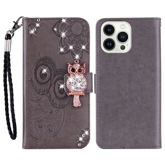 For iPhone 16 Pro Max Wallet Case Owl Flower Imprinted Rhinestone Leather Cover