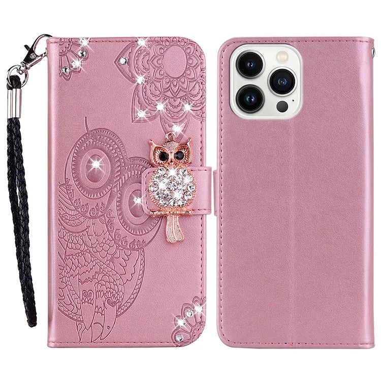 For iPhone 16 Pro Max Wallet Case Owl Flower Imprinted Rhinestone Leather Cover